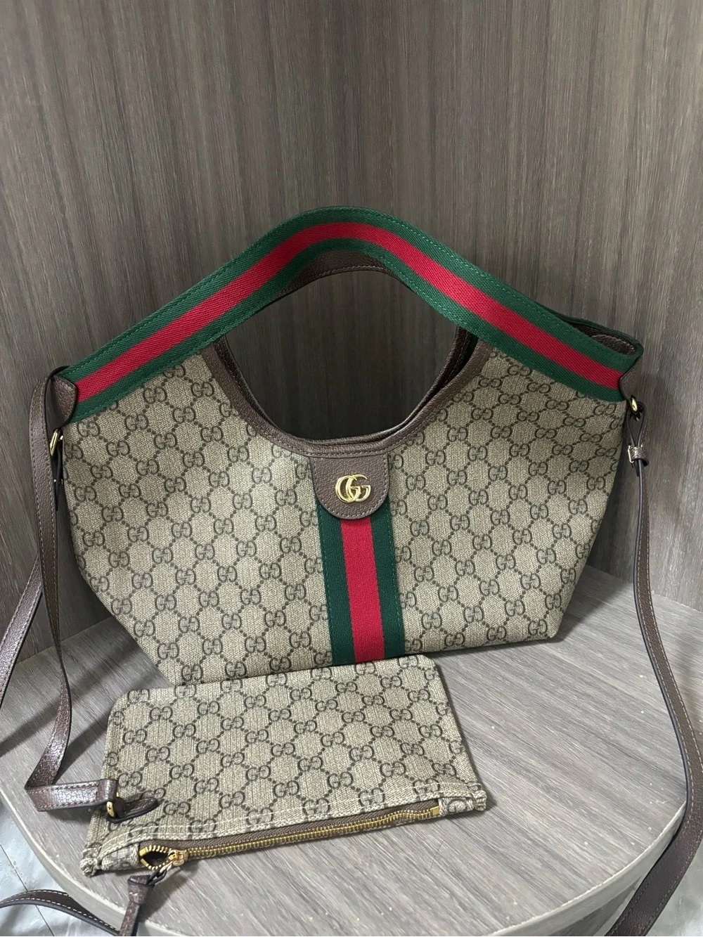 Women Gucci Monogram Shoulder Bag in Beige with Green and Red Stripe